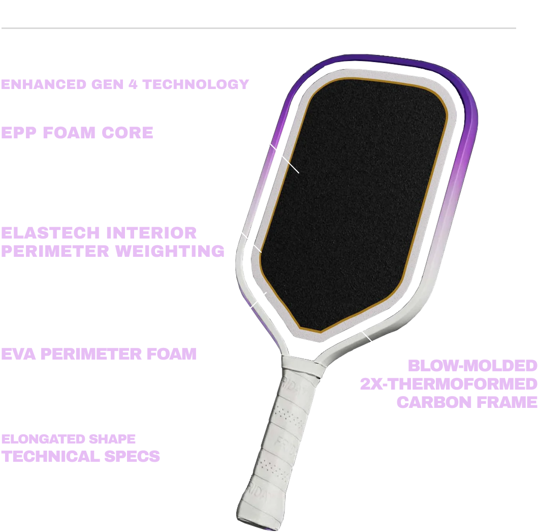 Aura Pro paddle with EPP foam core, Elastech weighting, EVA perimeter foam, and blow-molded carbon frame